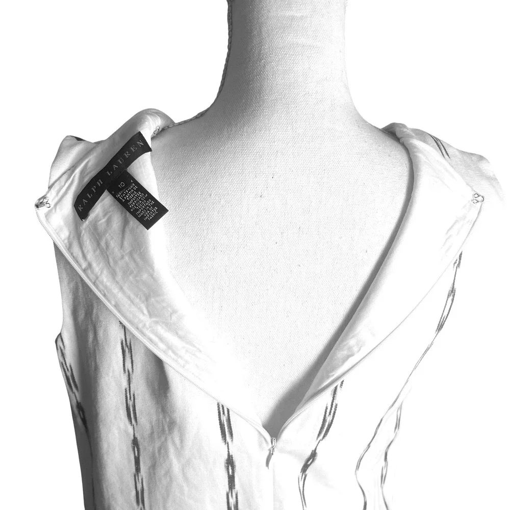 Ralph Lauren White Blue Ikat Stripe Sleeveless V Neck Shift Dress‎ Size 10